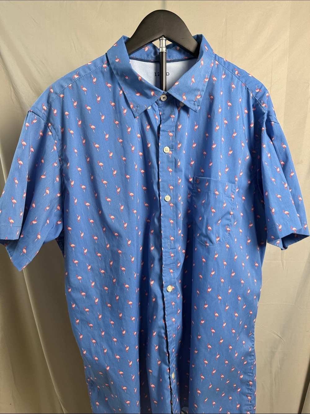 Izod Blue Short-Sleeve Button-Down with Pink Flamingo Print